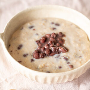 a bowl of creamy Japanese red bean oatmeal, quick and easy vegan breakfast