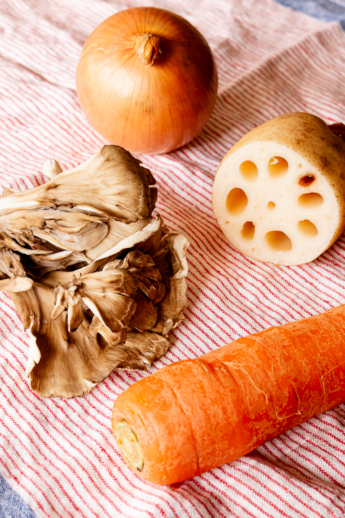 onion, maitake mushroom, lotus root, carrot