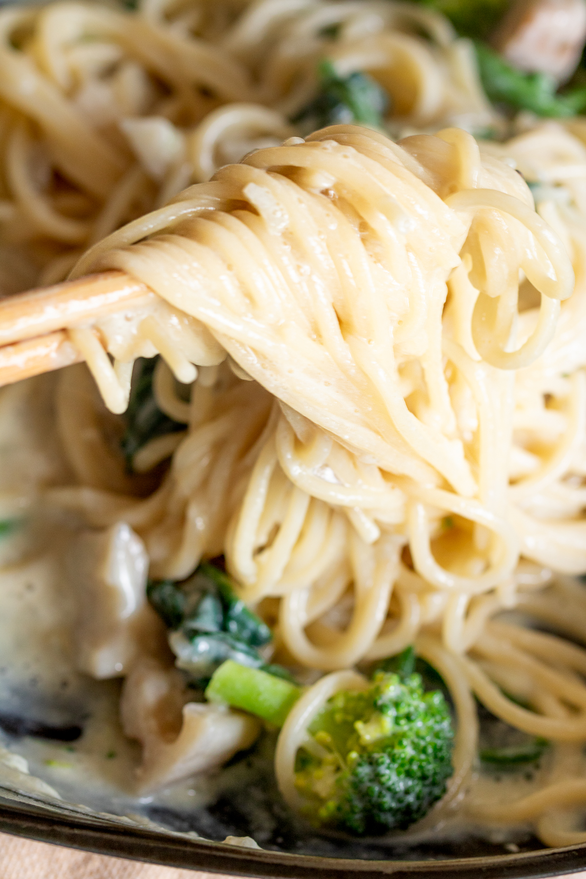 well mixed pasta and cream sauce