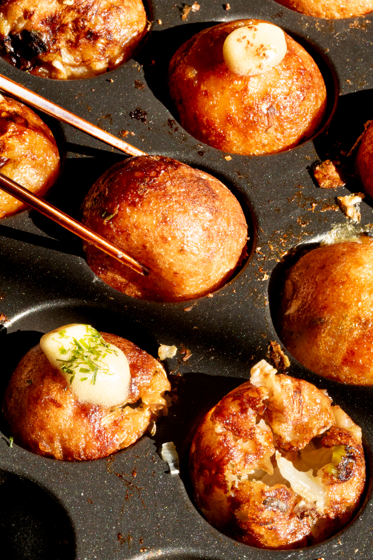 vegan takoyaki topped with vegan mayo varieties