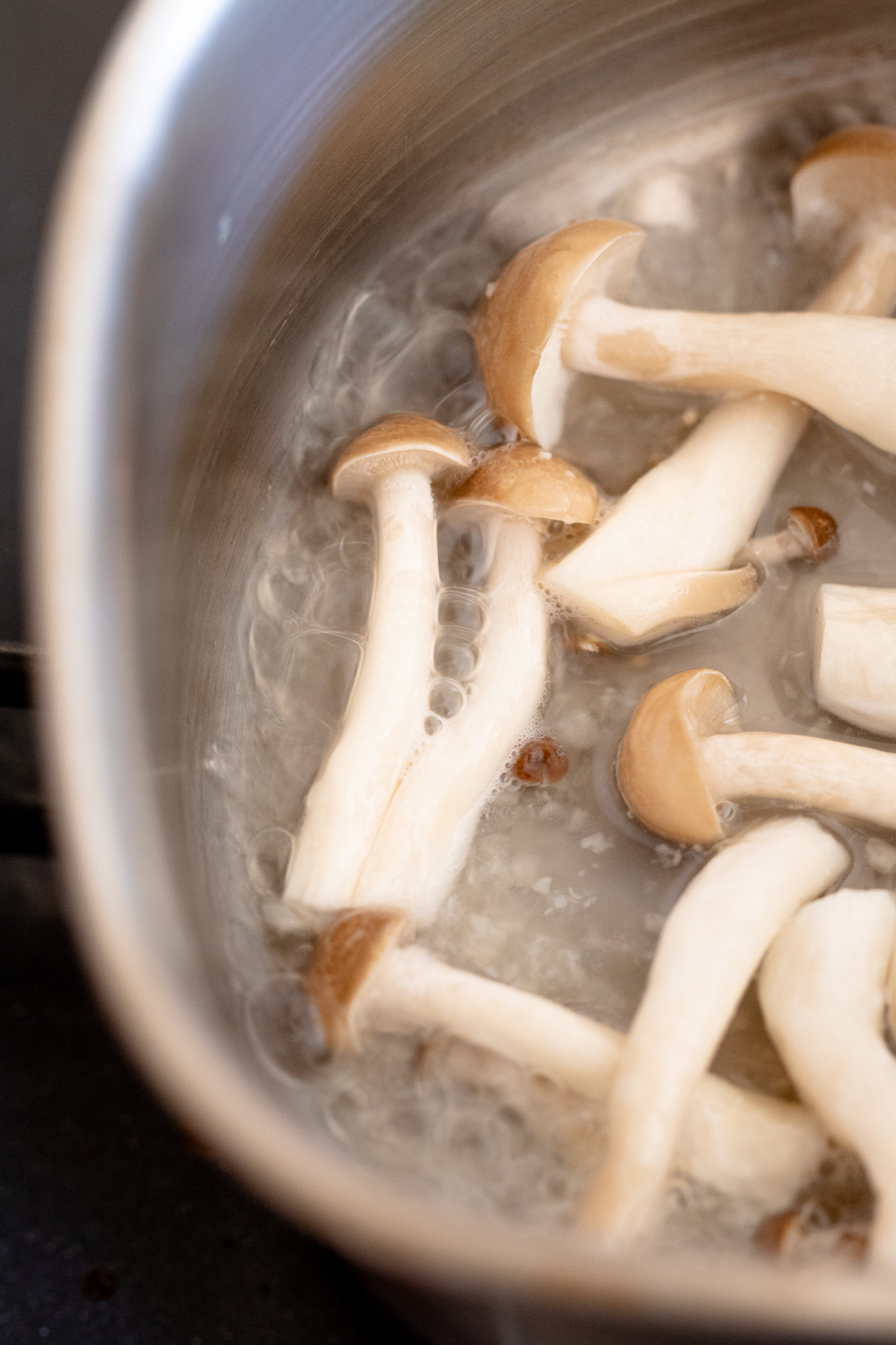 boiled shimeji mushrooms in a pot