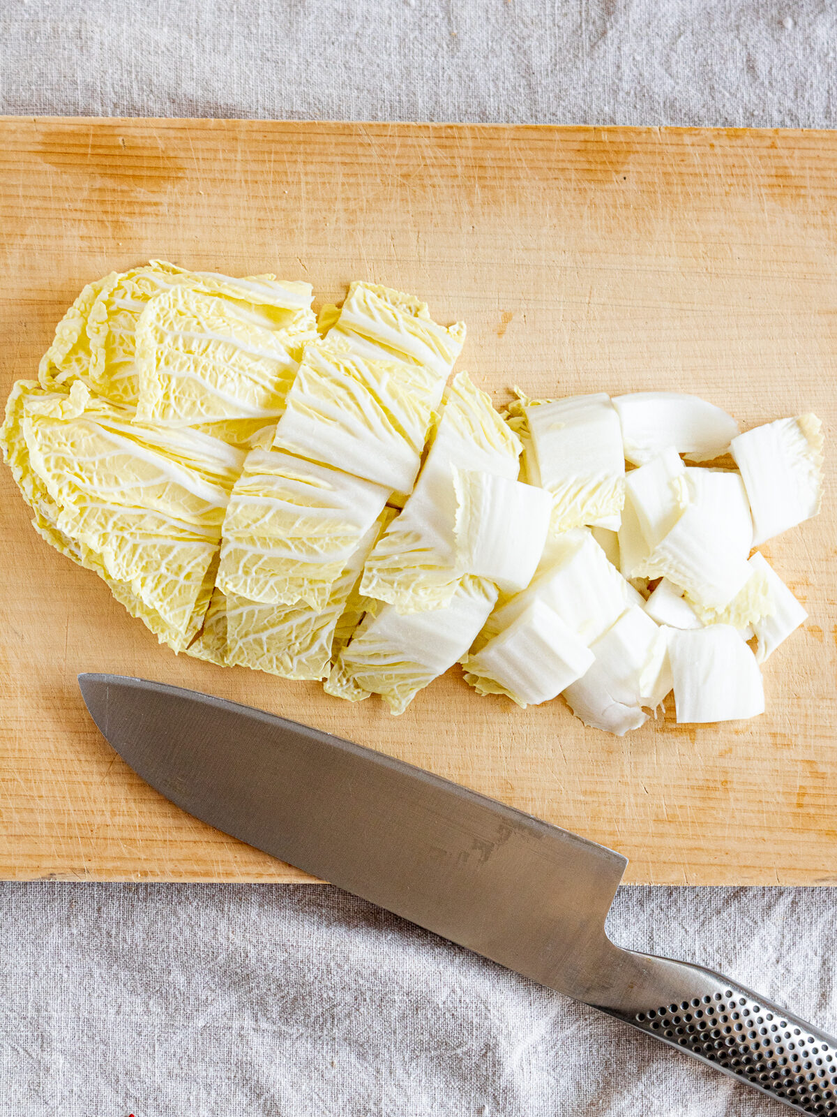 Napa cabbage cut into 3-5 cm pieces for vegan kimchi