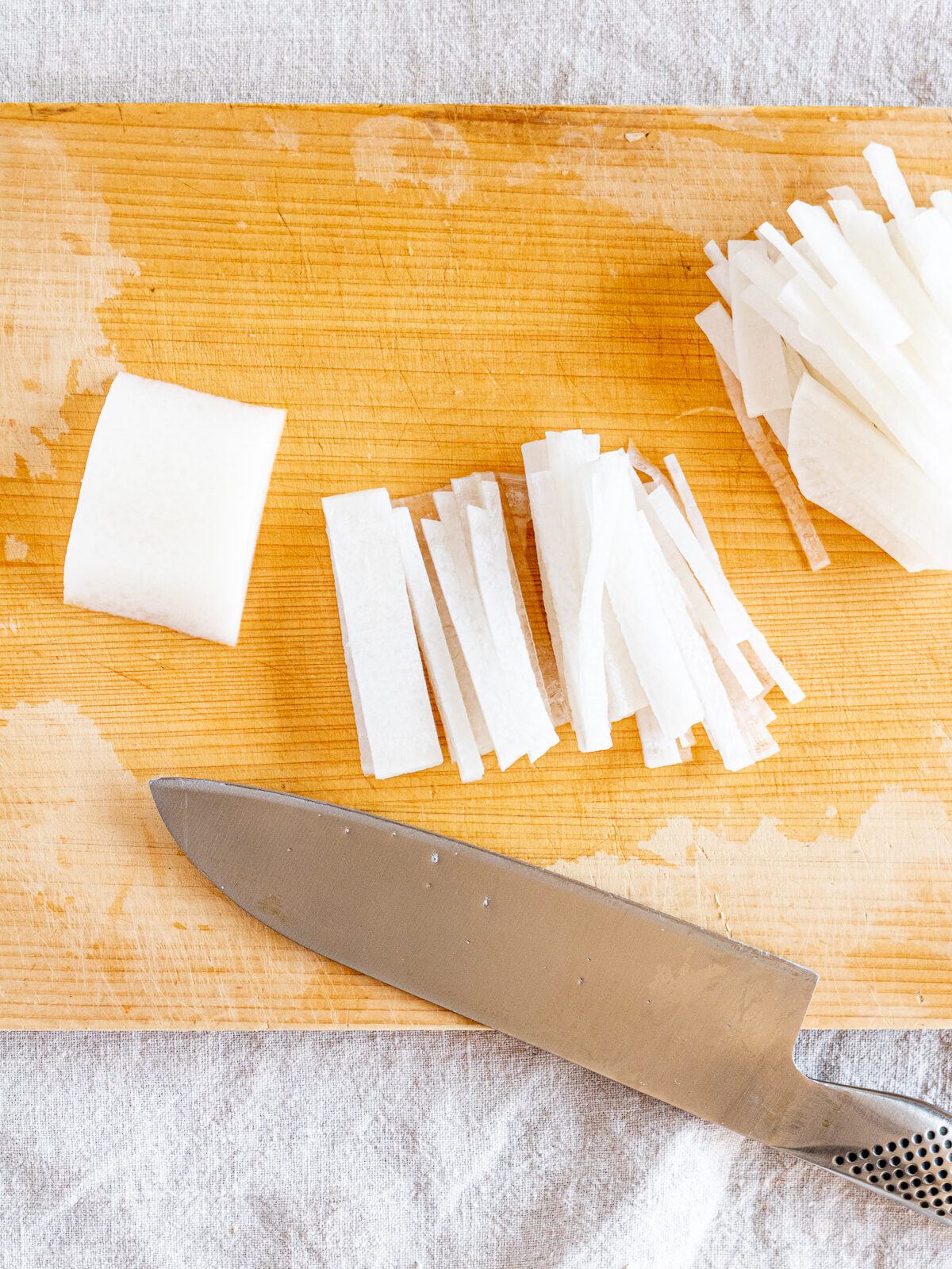 Daikon cut into matchsticks for vegan kimchi