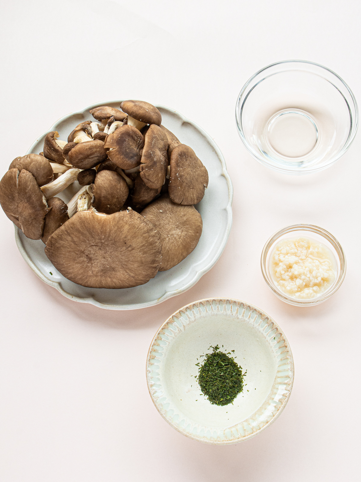 Ingredients for stir-fried vegan oyster mushroom recipe, hiratake mushrooms, sake, shio koji, aonori (green laver)