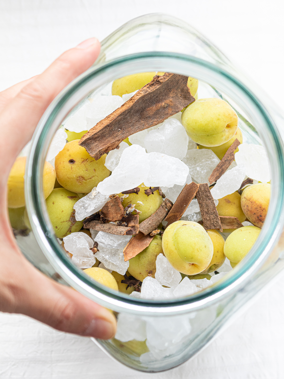 Ingredients layered in a jar for chai-spiced plum syrup
