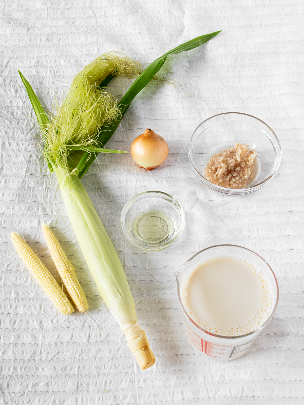 baby corn, onion, onion koji, vegetable oil, soy milk
