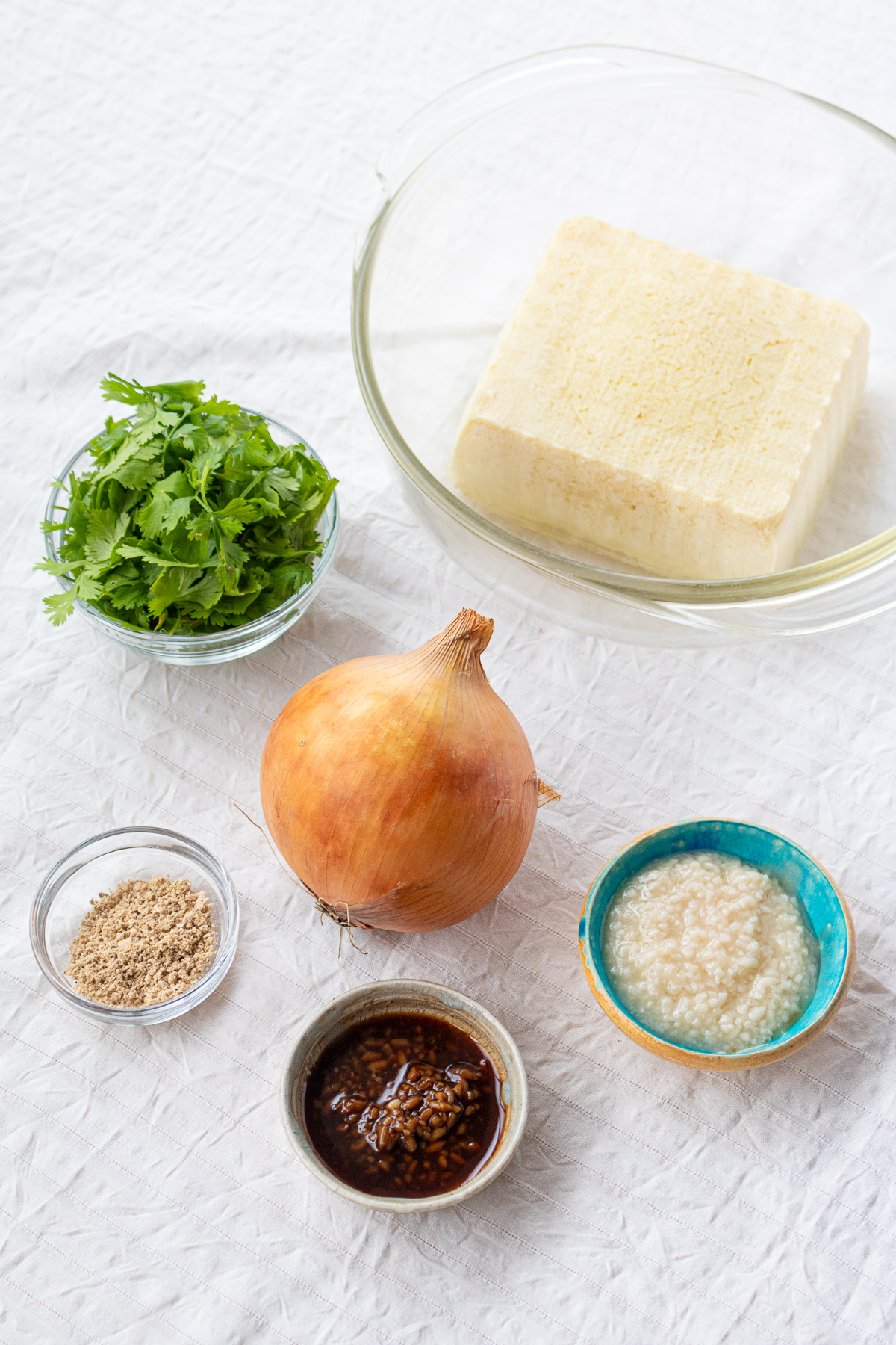 Frozen cotton (momen) tofu, cilantro, onion, shio koji, soy sauce koji, shiitake mushroom powder