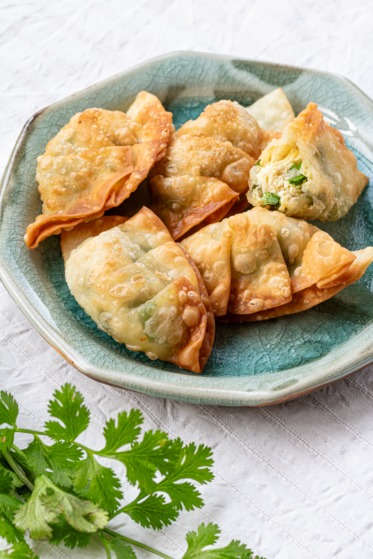 Tofu cilantro fried gyoza/dumplings that are delicious hot.