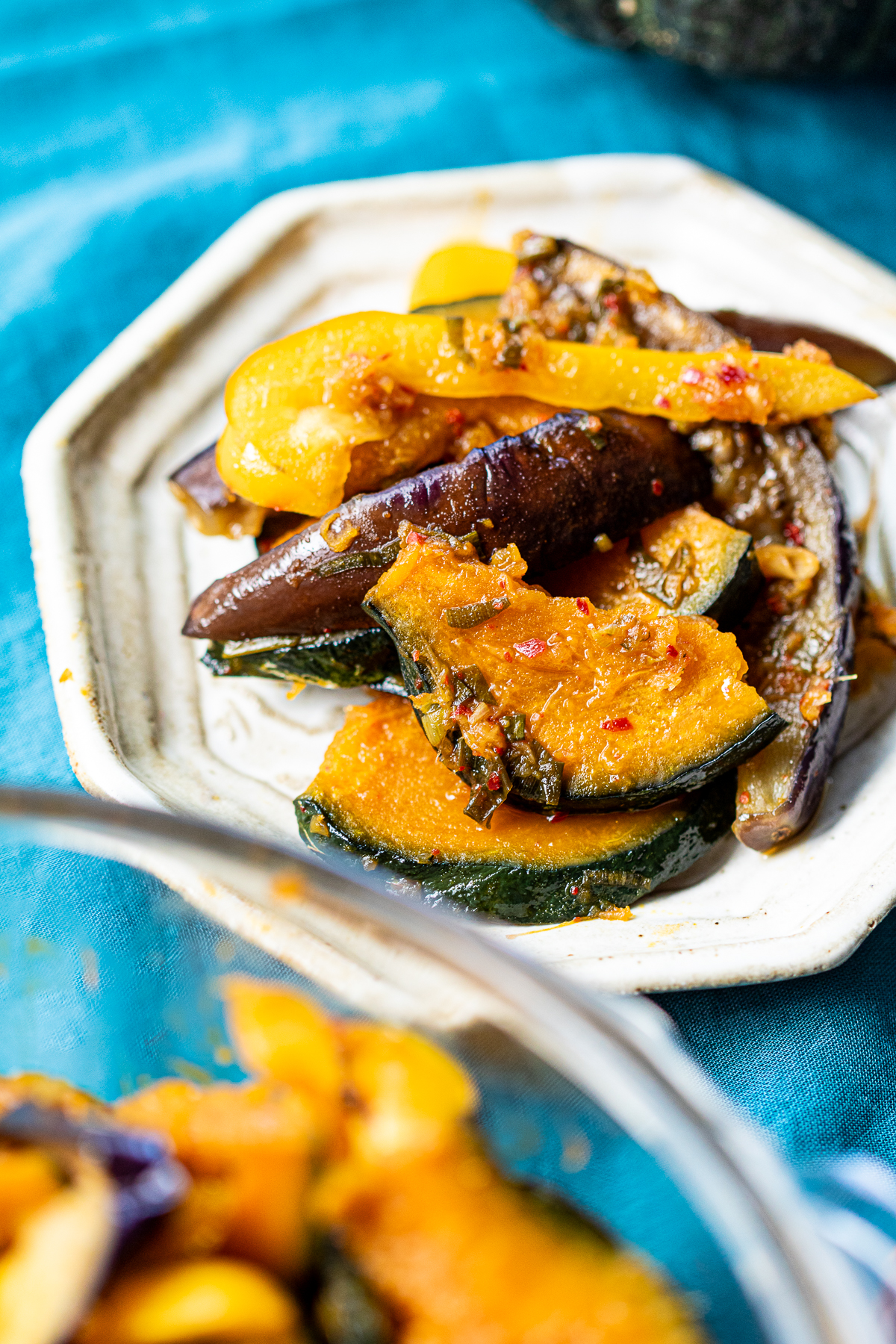 Flavor-infused roasted kabocha yakibitashi with marinade absorbed