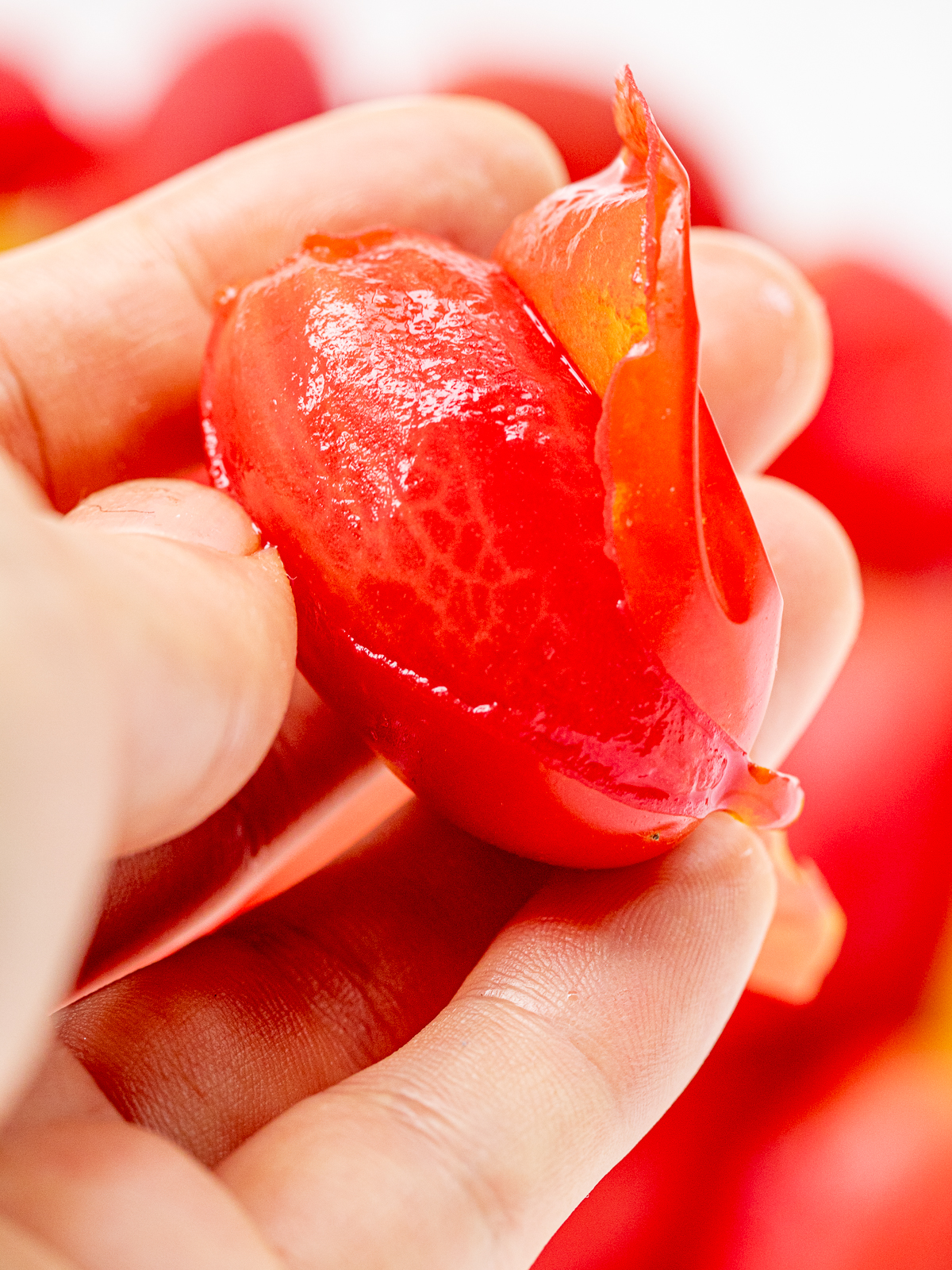 Cherry Tomato Skin Coming Off Smoothly – Gentle Peeling Step