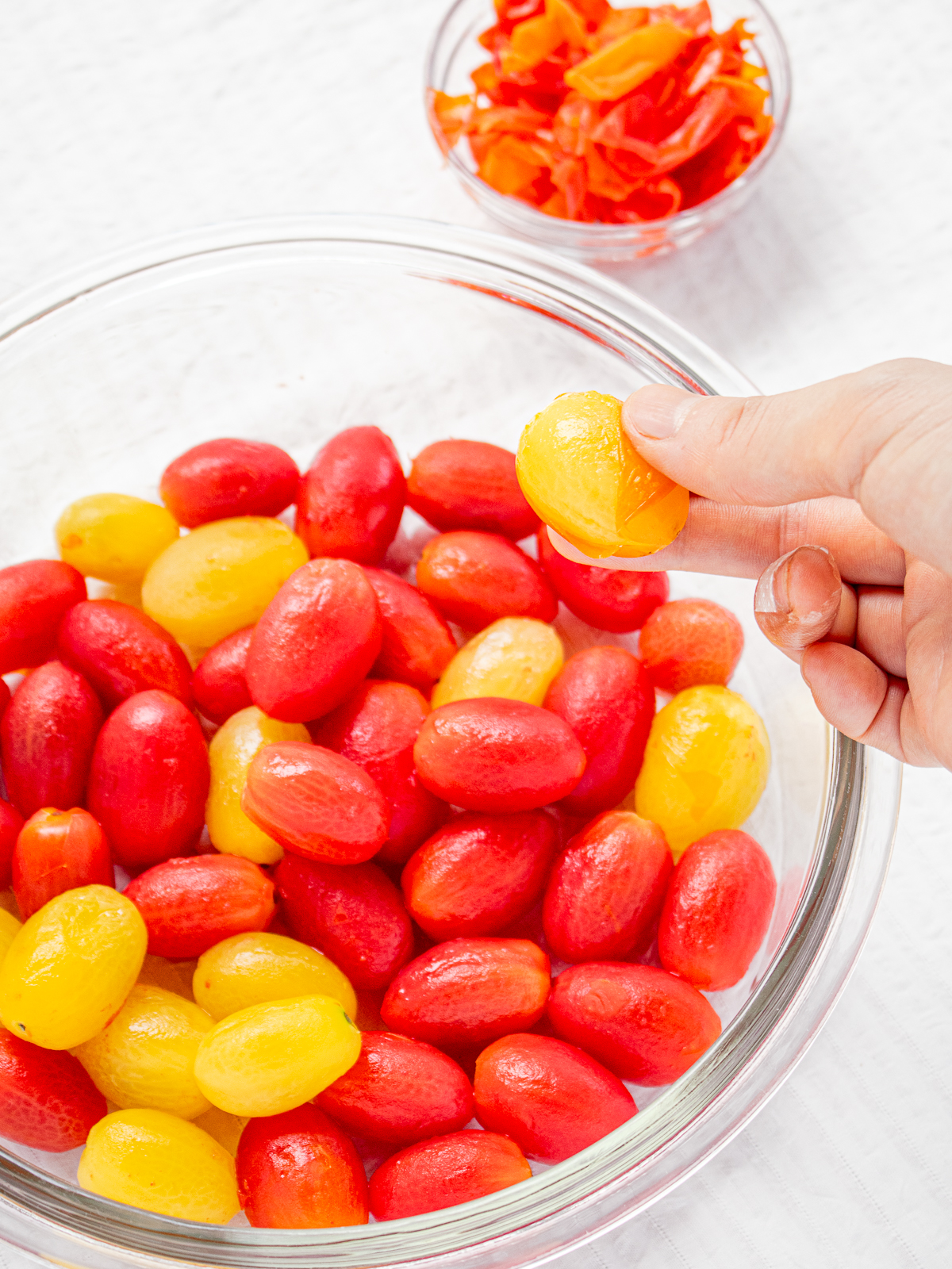 Peeled Cherry Tomatoes in a Bowl – Step in Making Vegan Tomato Compote