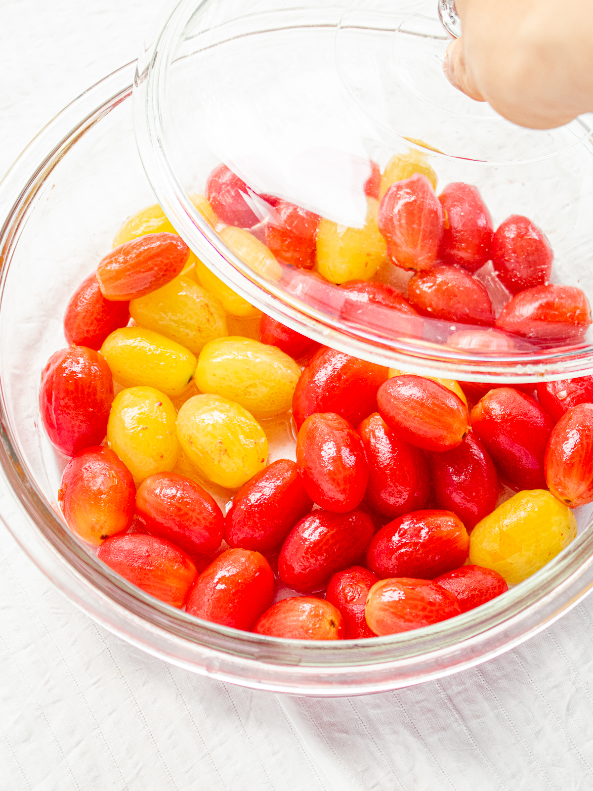 Cherry Tomatoes Coated in Plum Syrup – Beginning to Marinate