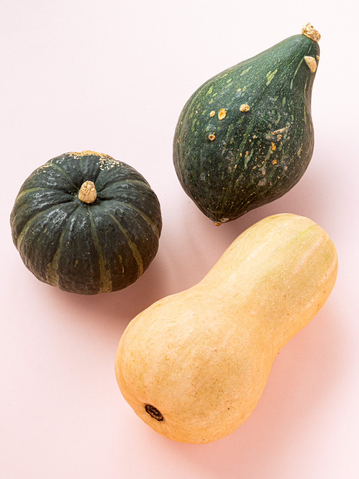 Different types of pumpkin for vegan cooking — bocchan, roron, and butternut squash