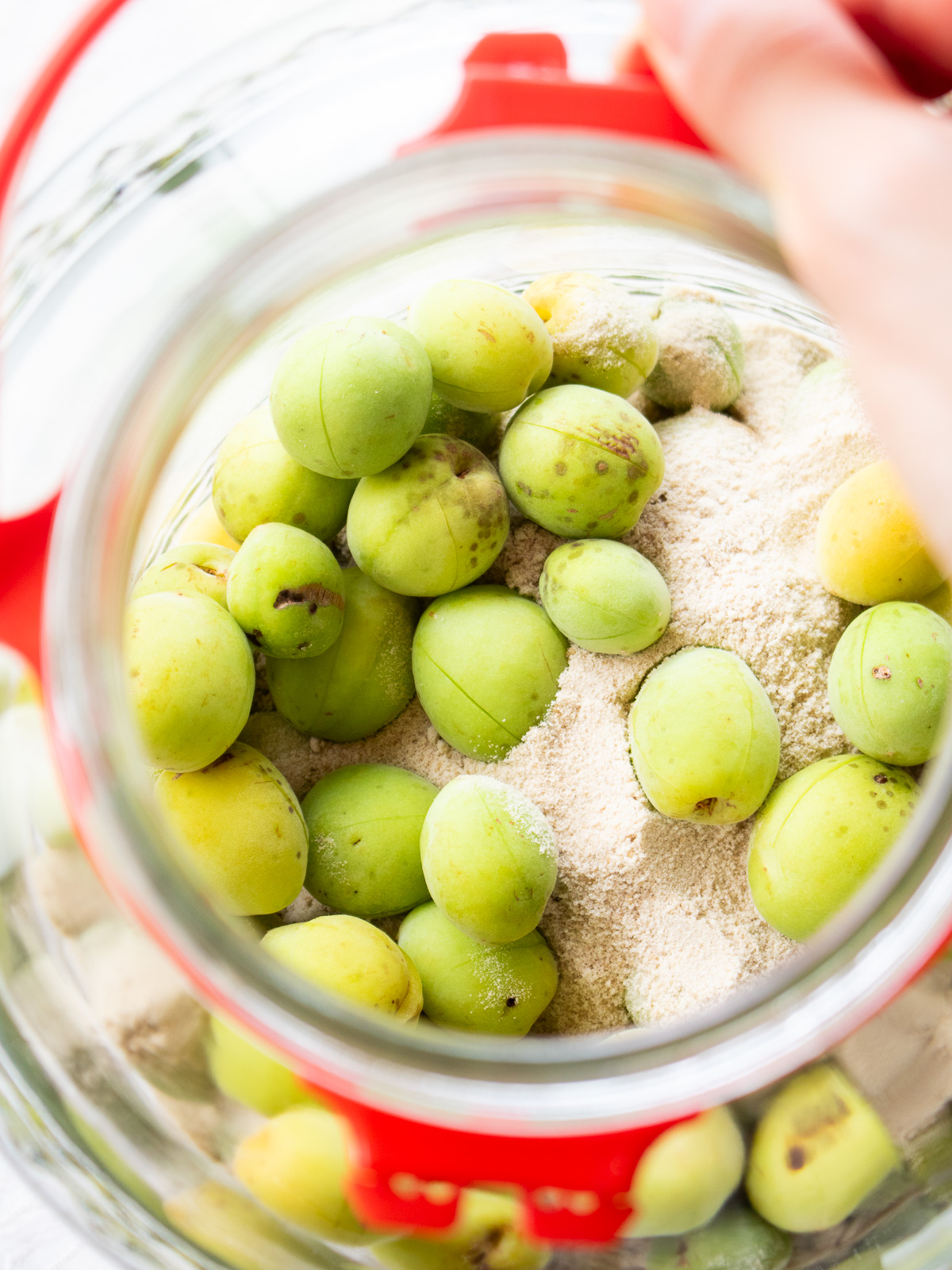 Green plums and sugar layered in a storage jar
