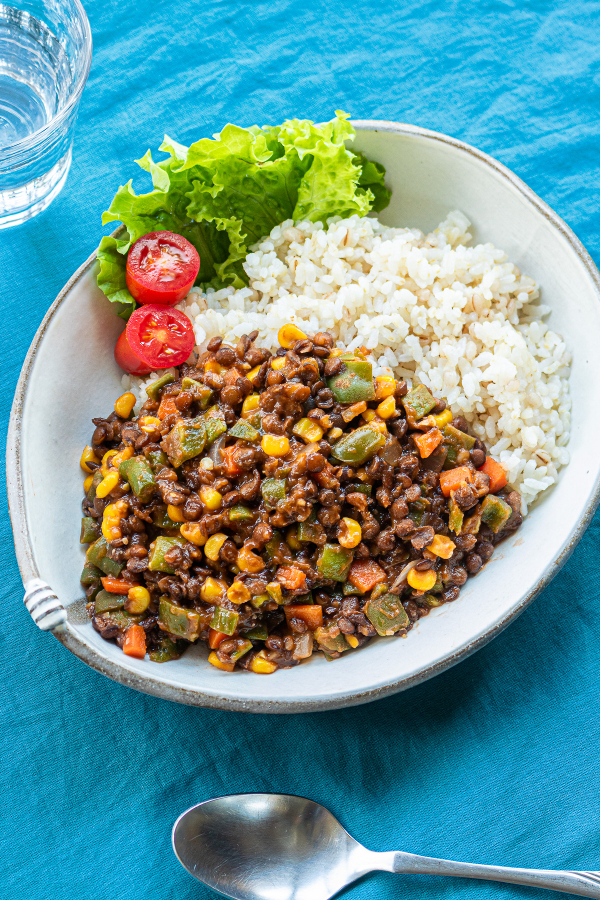 Easy recipe for whole red lentils with ketchup stir-fry with lots of vegetables.