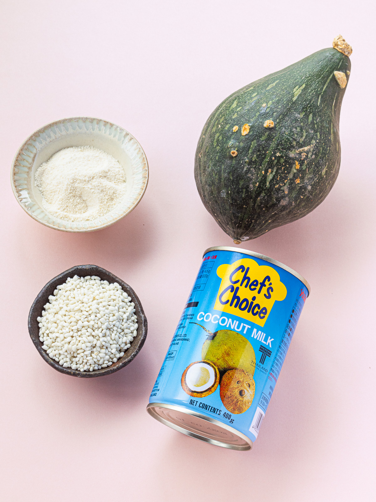 Kabocha squash, coconut milk, beet sugar, and glutinous rice — simple vegan ingredients
