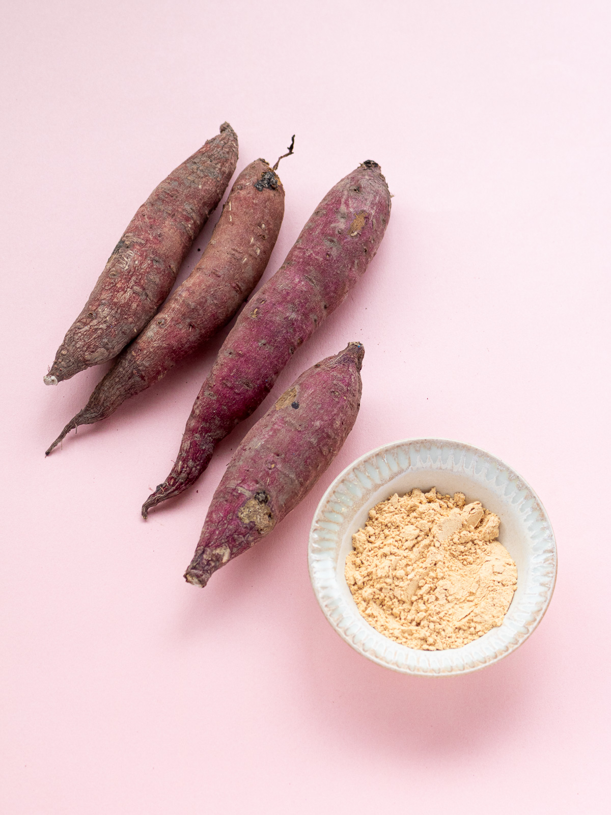 Sweet potato bliss balls ingredients - small sweet potatoes and kinako roasted soybean flour