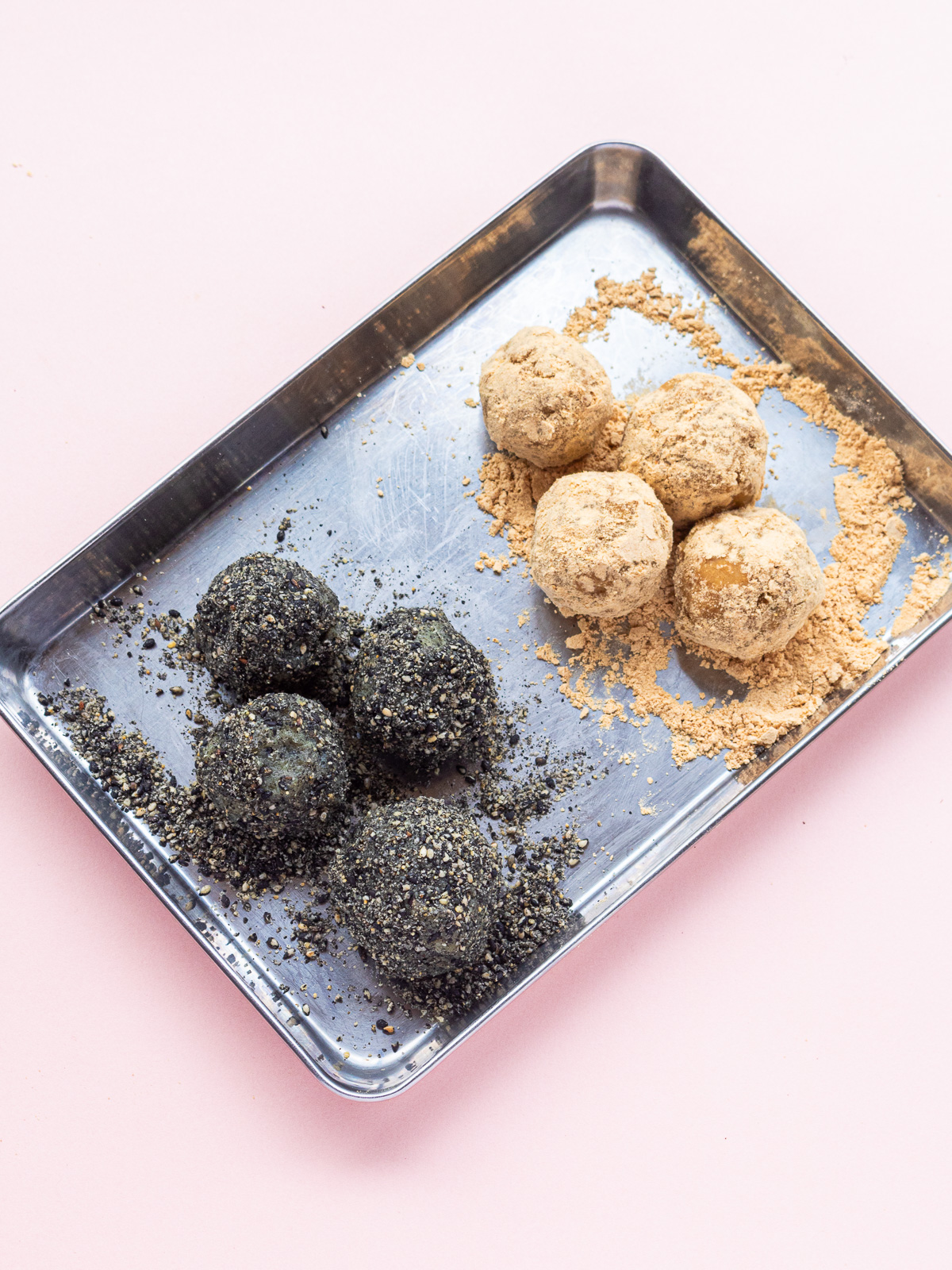 Black sesame coated and cinnamon kinako coated sweet potato bliss balls