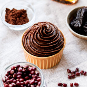vegan chocolate frosting made with adzuki beans, piped smoothly in a bowl, coconut cream-free and soy-free