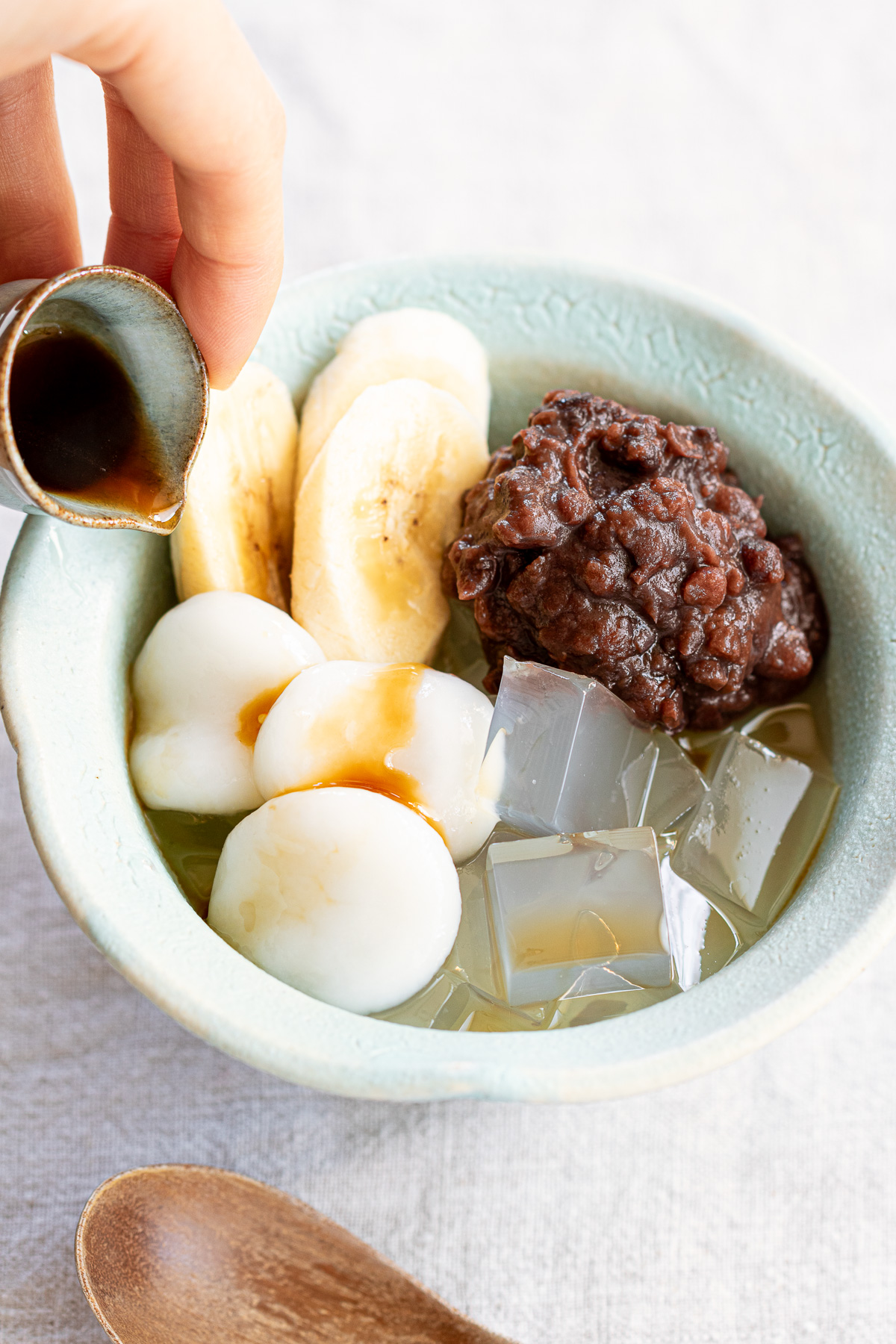Vegan Shiratama Anmitsu drizzled with rich homemade kuromitsu (black sugar syrup)