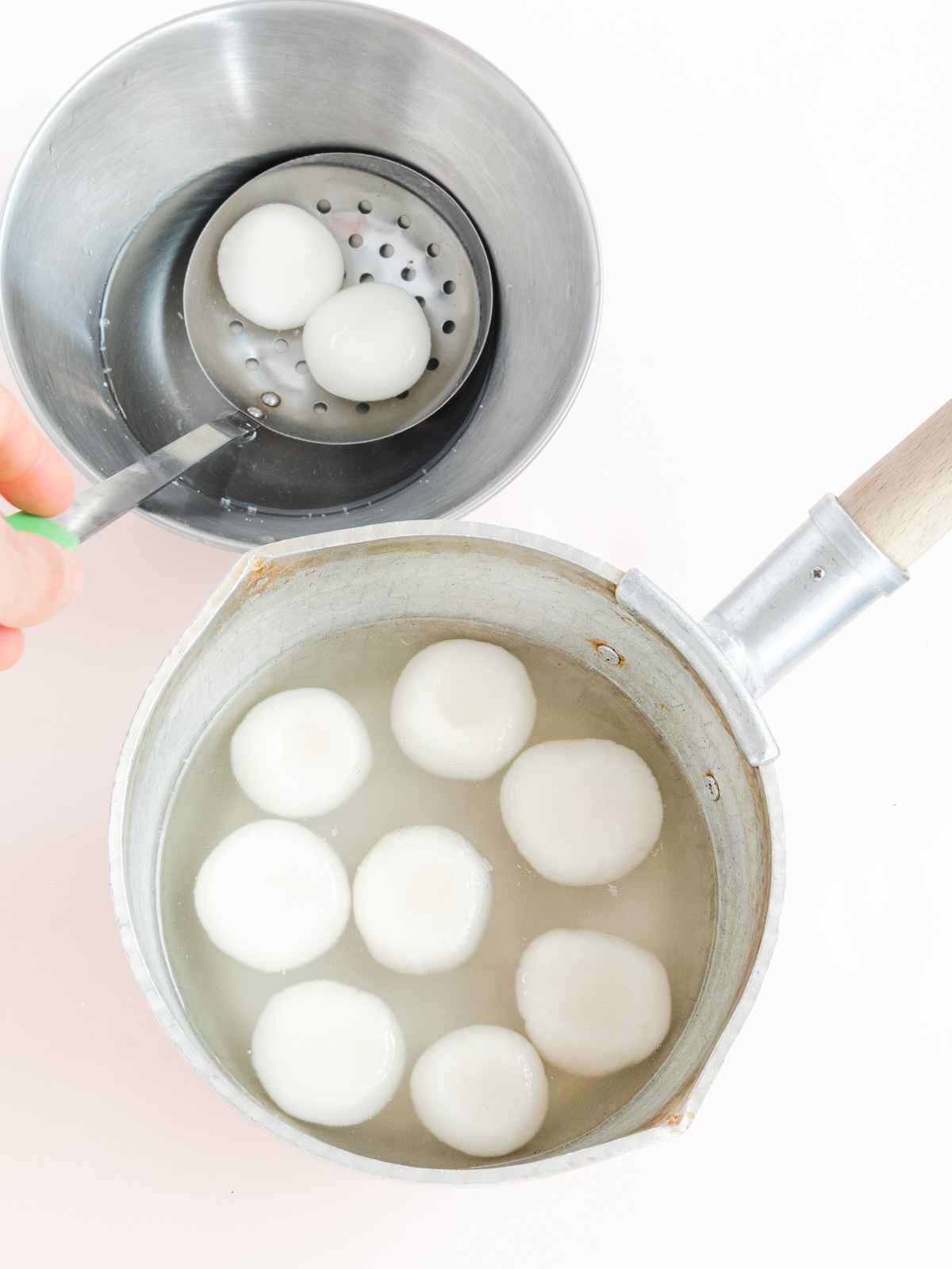 Cooked chewy shiratama (glutinous rice dumplings) for vegan Anmitsu