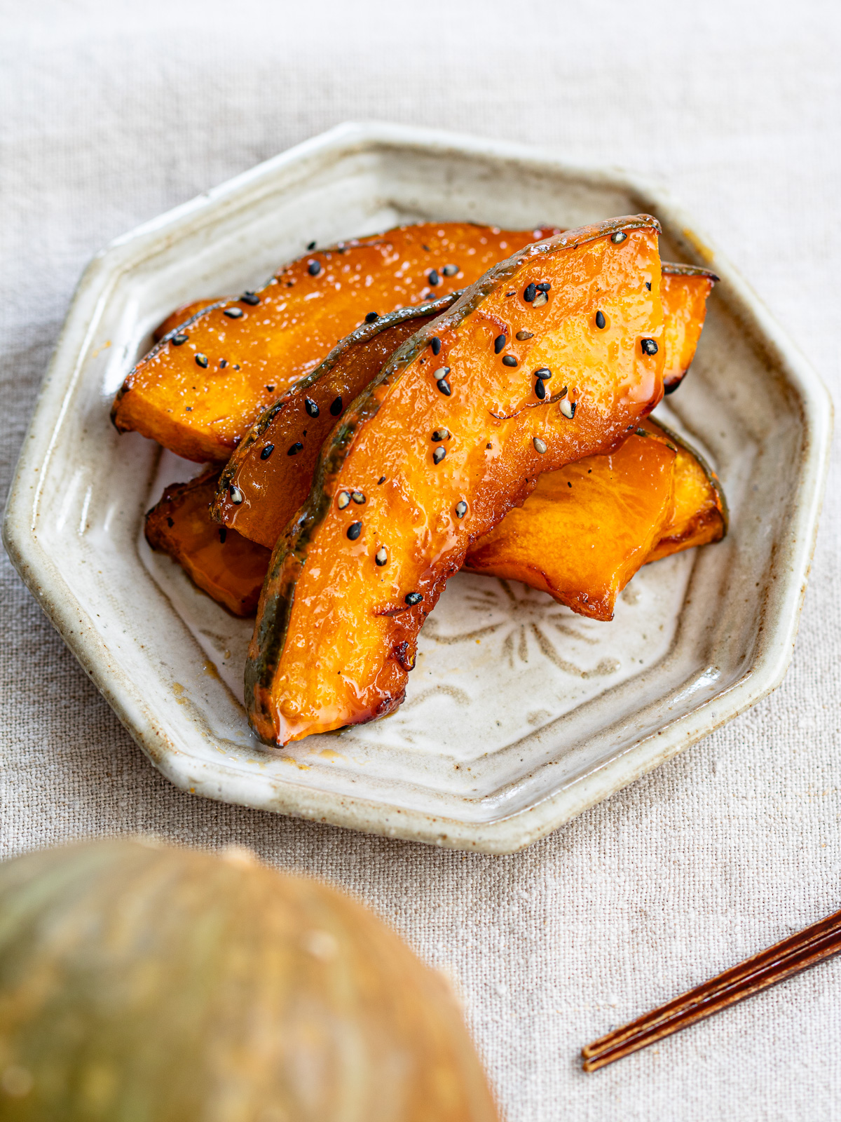 Fluffy toaster oven candied kabocha coated in glossy maple-soy glaze