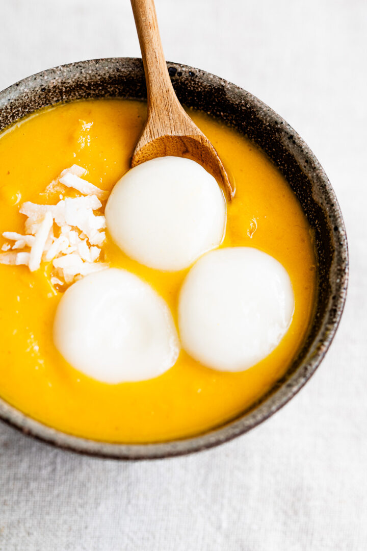 Chewy shiratama mochi in creamy kabocha oshiruko