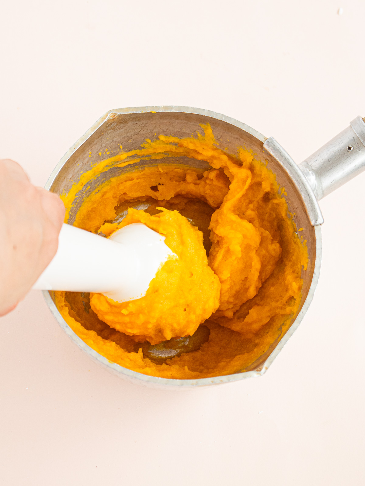 blending steamed kabocha into a smooth puree