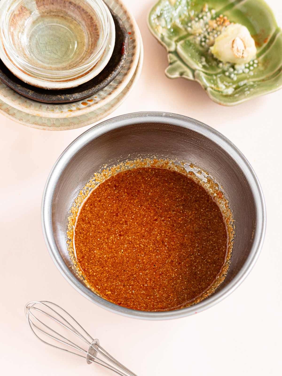 Mixing bowl with all ingredients for mild vegan bibimbap sauce—ready to use as bibimbap dressing or tofu topping