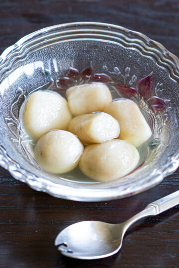 Chewy vegan banana shiratama dumplings served with refreshing ginger syrup — a light Japanese summer dessert.