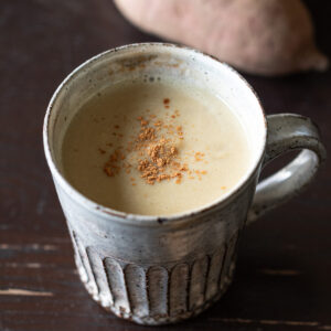 Korean sweet potato latte (goguma latte) in a mug made with baked Japanese sweet potato and soy milk