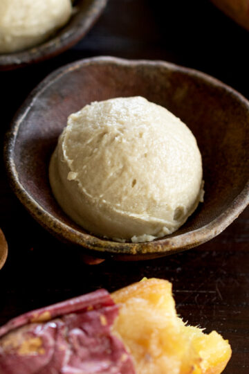 Vegan sweet potato ice cream made with roasted Japanese sweet potatoes(yakiimo) and coconut milk on a plate.