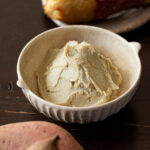 Vegan sweet potato montblanc cream in a white bowl - silky and creamy yakiimo paste