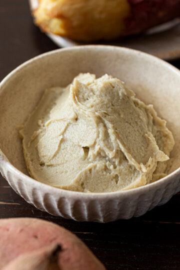 Vegan sweet potato montblanc cream in a white bowl - silky and creamy yakiimo paste