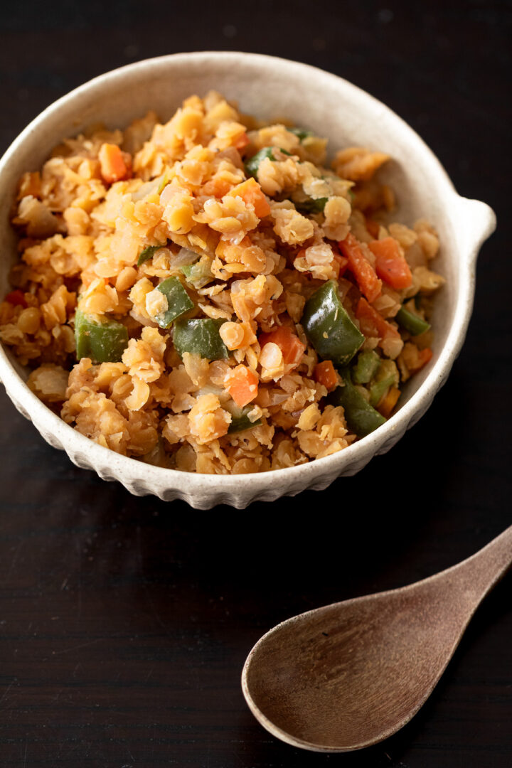 Red lentil Napolitan stir fry with vegetables, a Japanese-inspired vegan side dish flavored with ketchup
