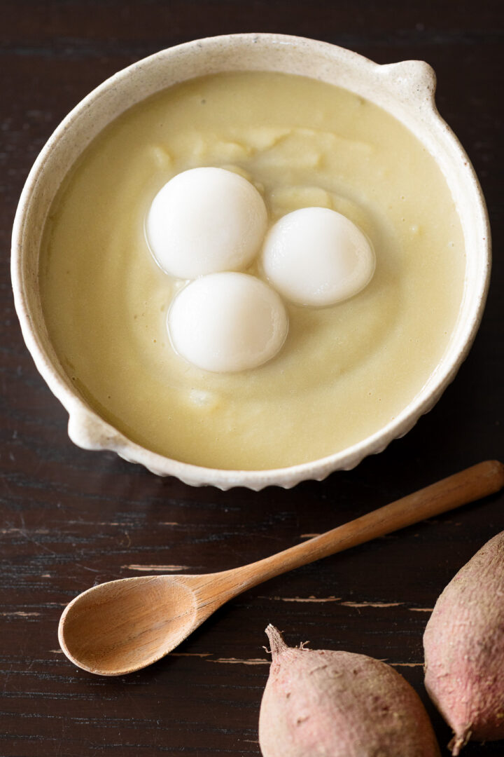 Vegan sweet potato oshiruko with shiratama mochi, made from roasted yakiimo and served warm