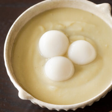 Vegan sweet potato oshiruko with shiratama mochi, made from roasted yakiimo and served warm