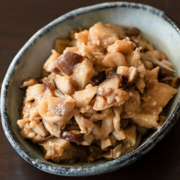 Vegan mushroom soboro stir-fry seasoned with miso, prepared as a futomaki sushi filling