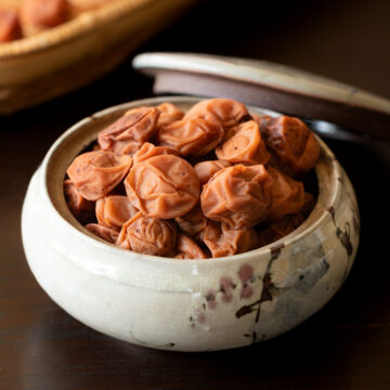 Homemade umeboshi — Japanese pickled plums made with 15% salt, naturally pale pink without red shiso