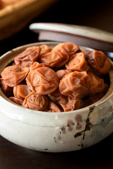 Homemade umeboshi — Japanese pickled plums made with 15% salt, naturally pale pink without red shiso