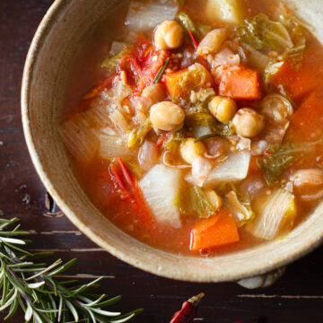 Vegan chickpea Italian tomato soup with rosemary and garlic, oil-free and plant-based