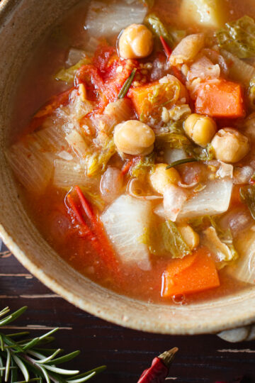 Vegan chickpea Italian tomato soup with rosemary and garlic, oil-free and plant-based