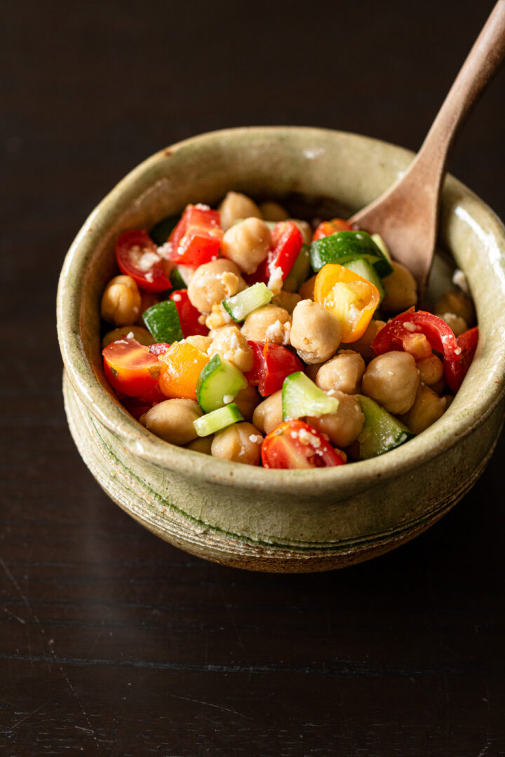 Vegan Greek-style chickpea cucumber tomato salad with shio koji and olive oil