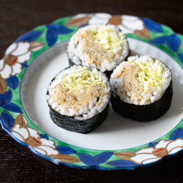 vegan tuna mayo sushi rolls on a plate