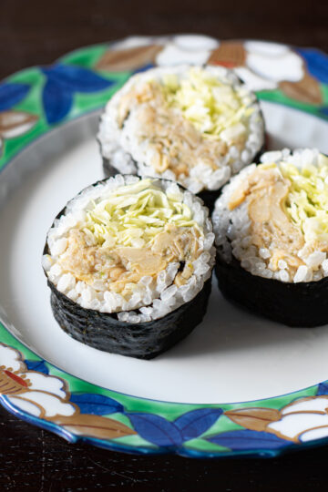 vegan tuna mayo sushi rolls on a plate