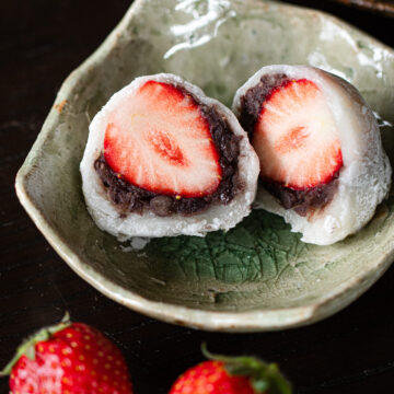 Vegan ichigo daifuku — soft mochi stuffed with tsubu-an and fresh strawberry