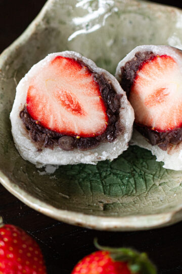 Vegan ichigo daifuku — soft mochi stuffed with tsubu-an and fresh strawberry