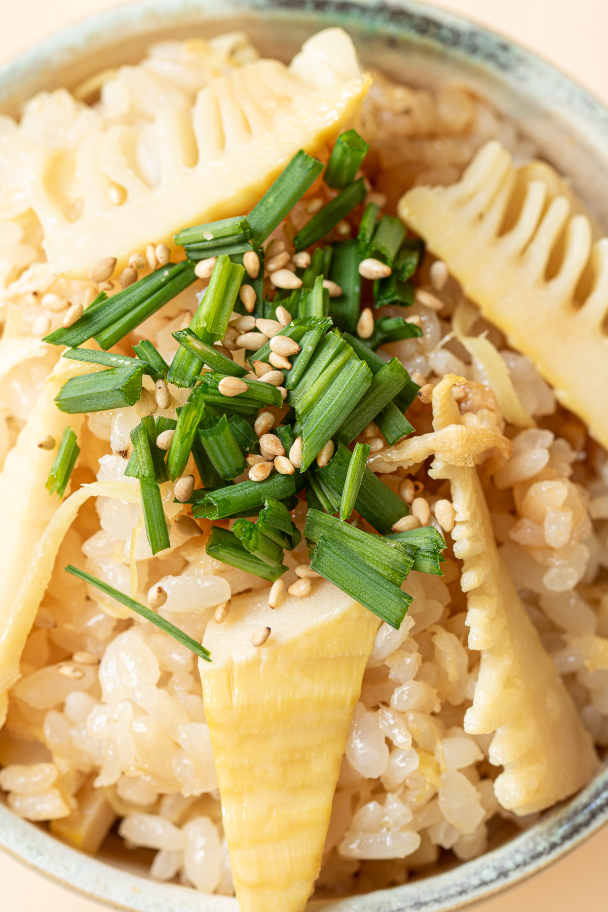 ワケギと胡麻をトッピングしたたけのこご飯