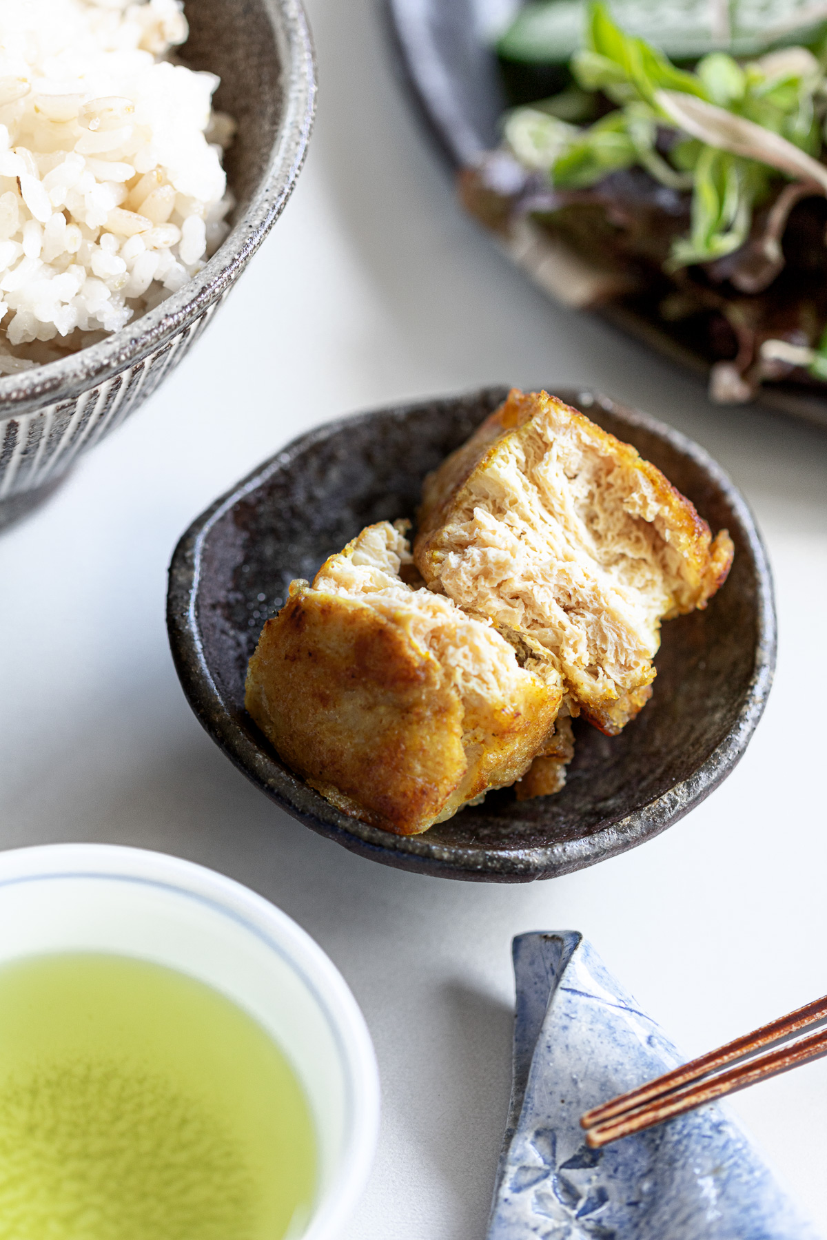 cross section of vegan fried chicken with layers of air