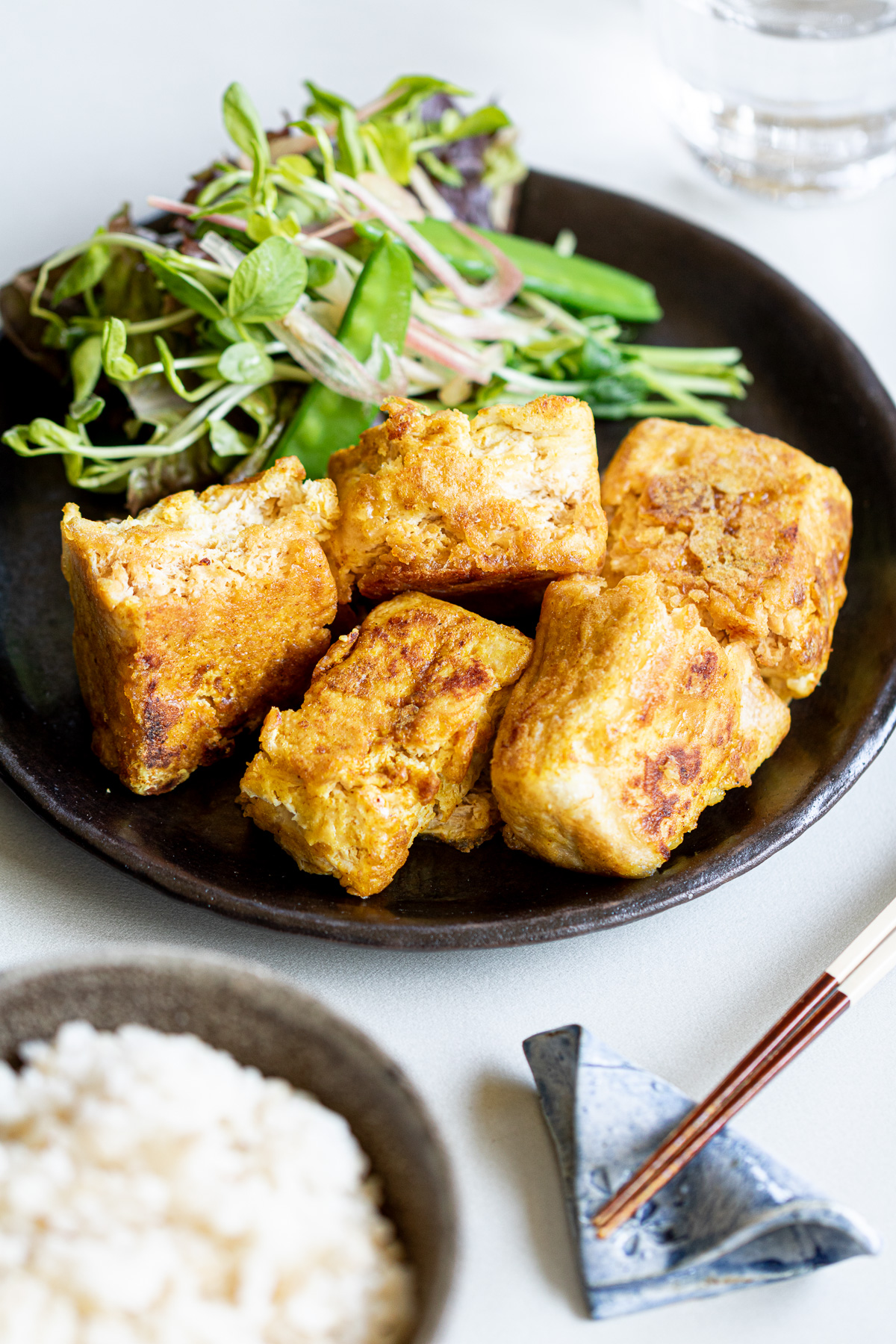 A hearty vegan side dish, curry flavored vegan fried chicken karaage